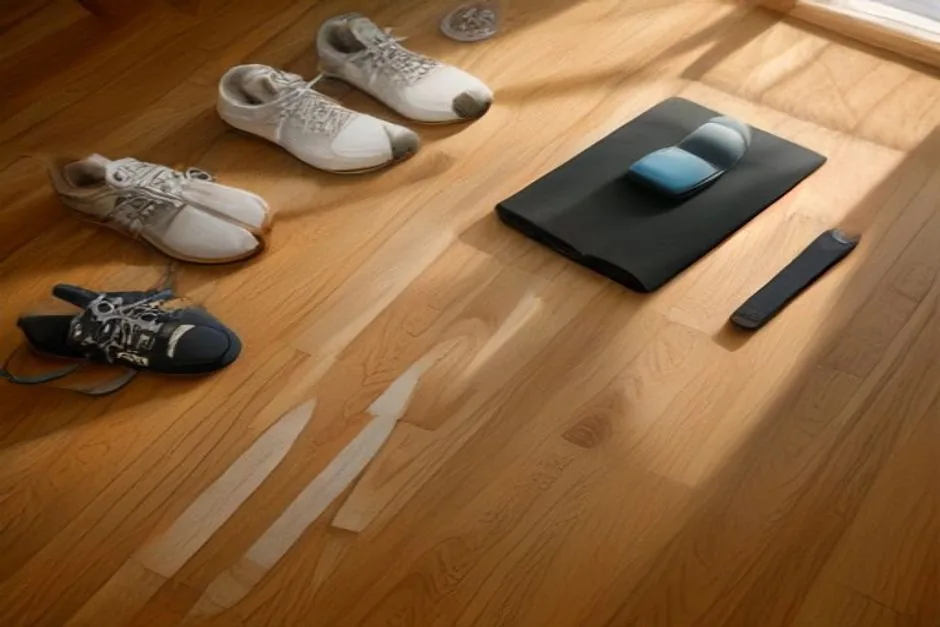 Flat-lay of fitness gear showing the five health-related fitness components: shoes, water bottle, yoga mat, band, weights