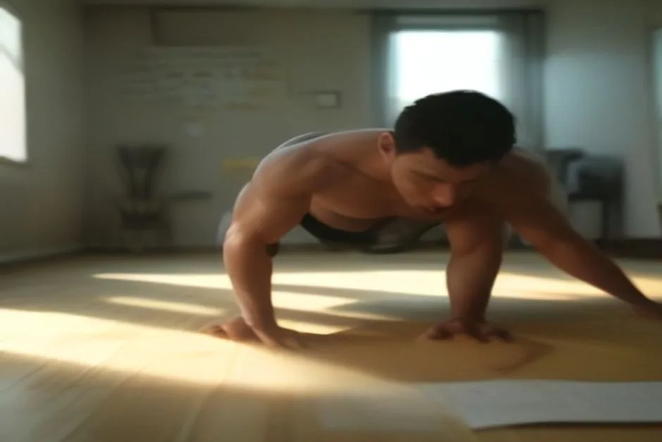 Person doing push-ups at home next to a written list of the five health-related fitness components