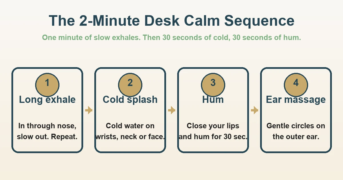 2-minute desk calm sequence diagram: long exhale, cold splash, hum, ear massage